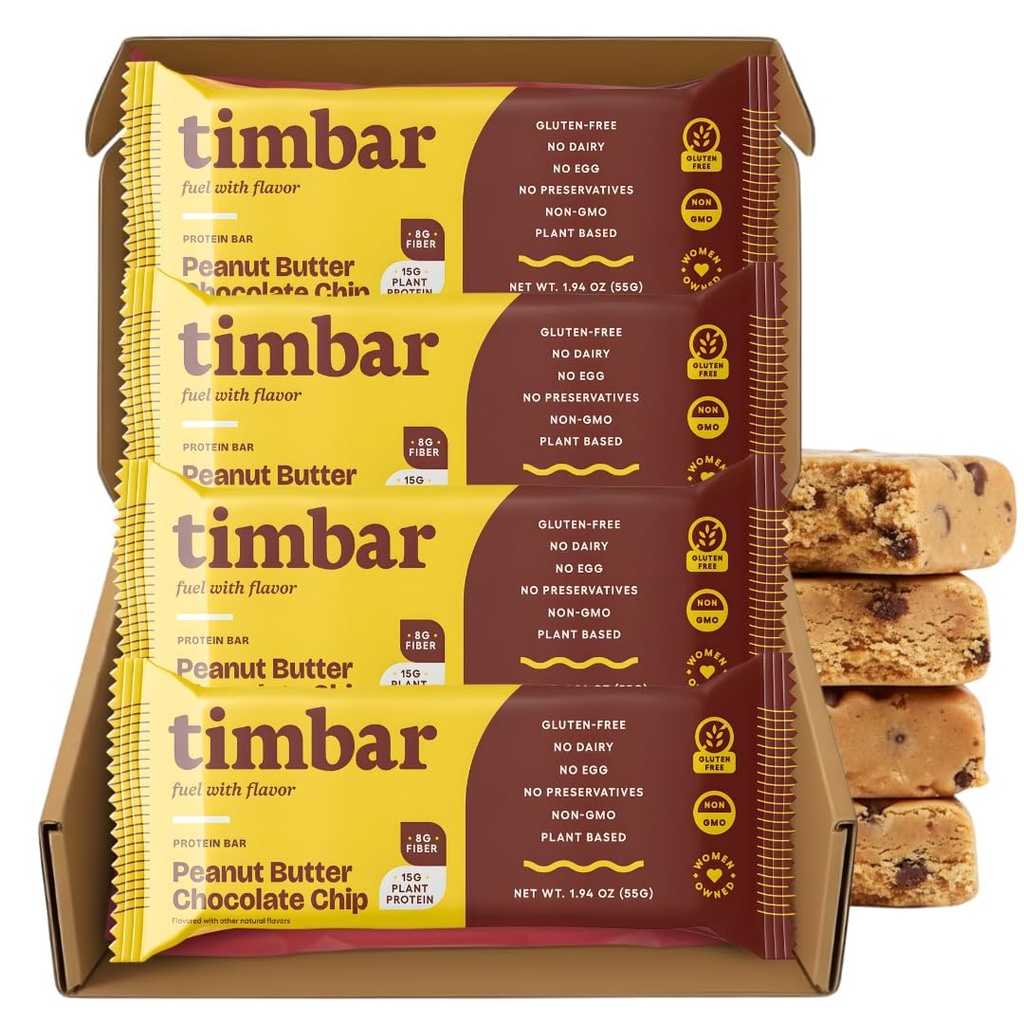 timbar Plant-Based Protein Bars, Peanut Butter Chocolate Chip | 15g Plant Protein, 9g Prebiotic Fiber | Gluten & Dairy Free, Non-GMO, No Sugar Alcohols (Pack of 4)