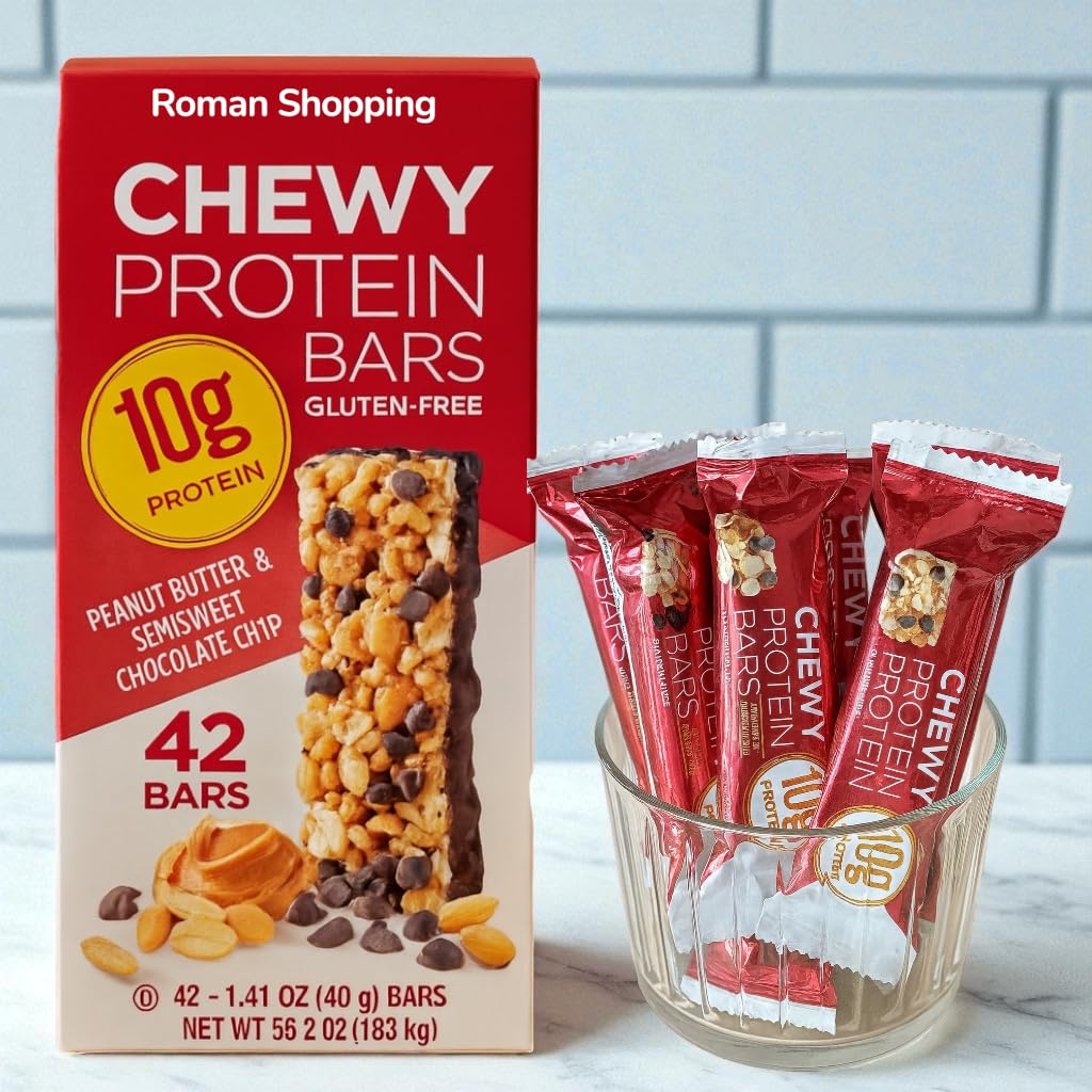 Protein Bars – Peanut Butter & Semisweet Chocolate Chip – 10g Protein per Bar – Gluten Free, Kosher – 42 Count (1.41 oz Each)