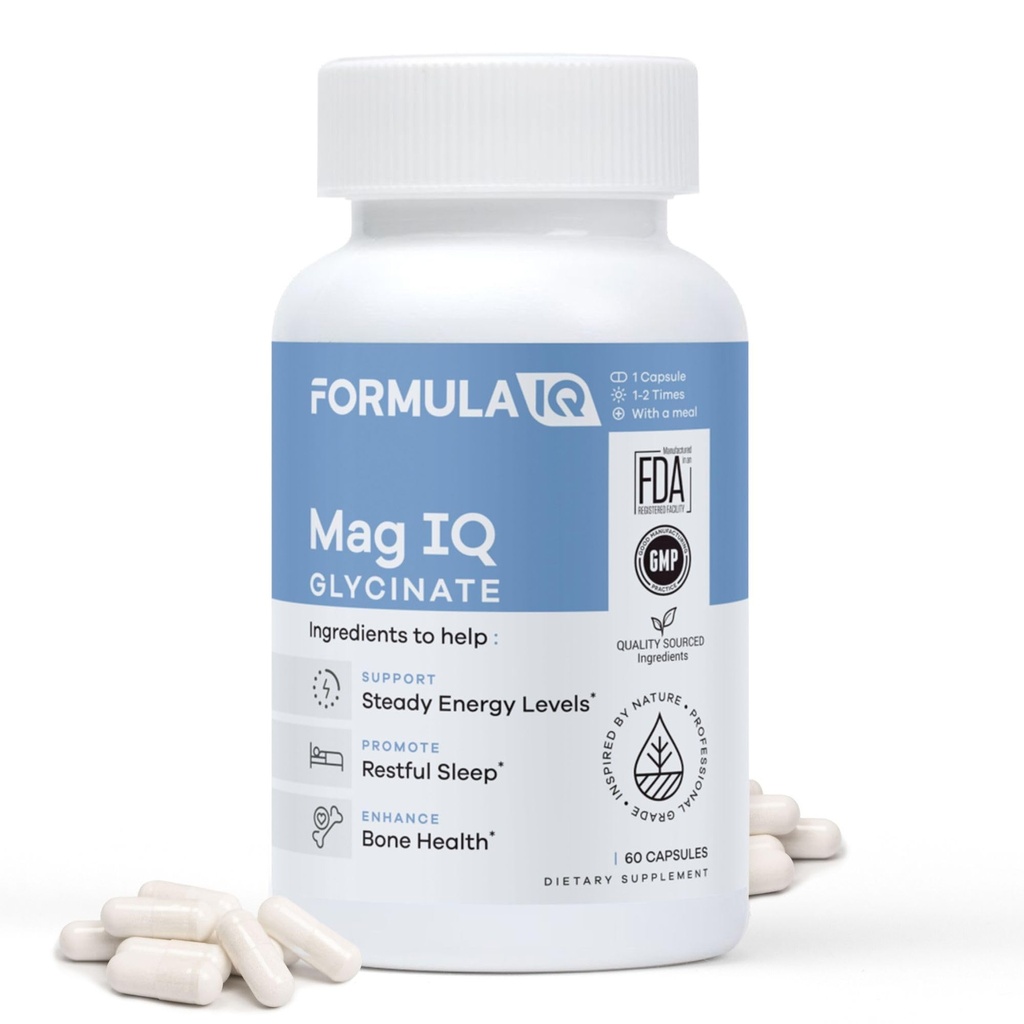 FIQ - Mag IQ Glycinate - Magnesium Bisglycinate Chelate TRAACS - High Absorption Magnesium Glycinate Supplement - Sleep, Daily Energy, & Bone Wellness - 60 Kapsler