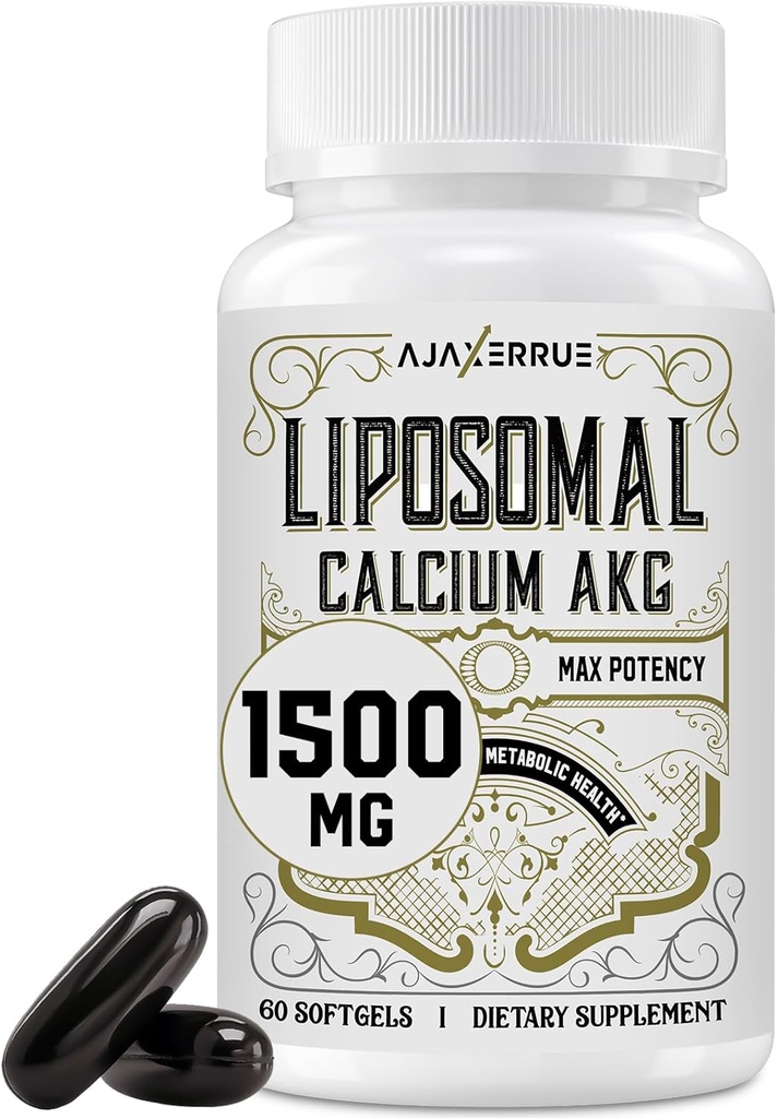 Liposomal Calcium AKG Supplement 1500 MG (Alpha- Ketoglutarsyre), Høj Absorption, mere effektiv end AAKG, Ca AKG for lang levetid, Alder Defense, Cellular Energy, Metabolic Function, 60 Softgels
