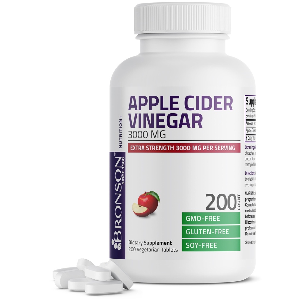 Bronson Apple Cider Vinarea 3000 MG per Serving Extra Strength - Non- GMO, 200 Vegetariske tabletter