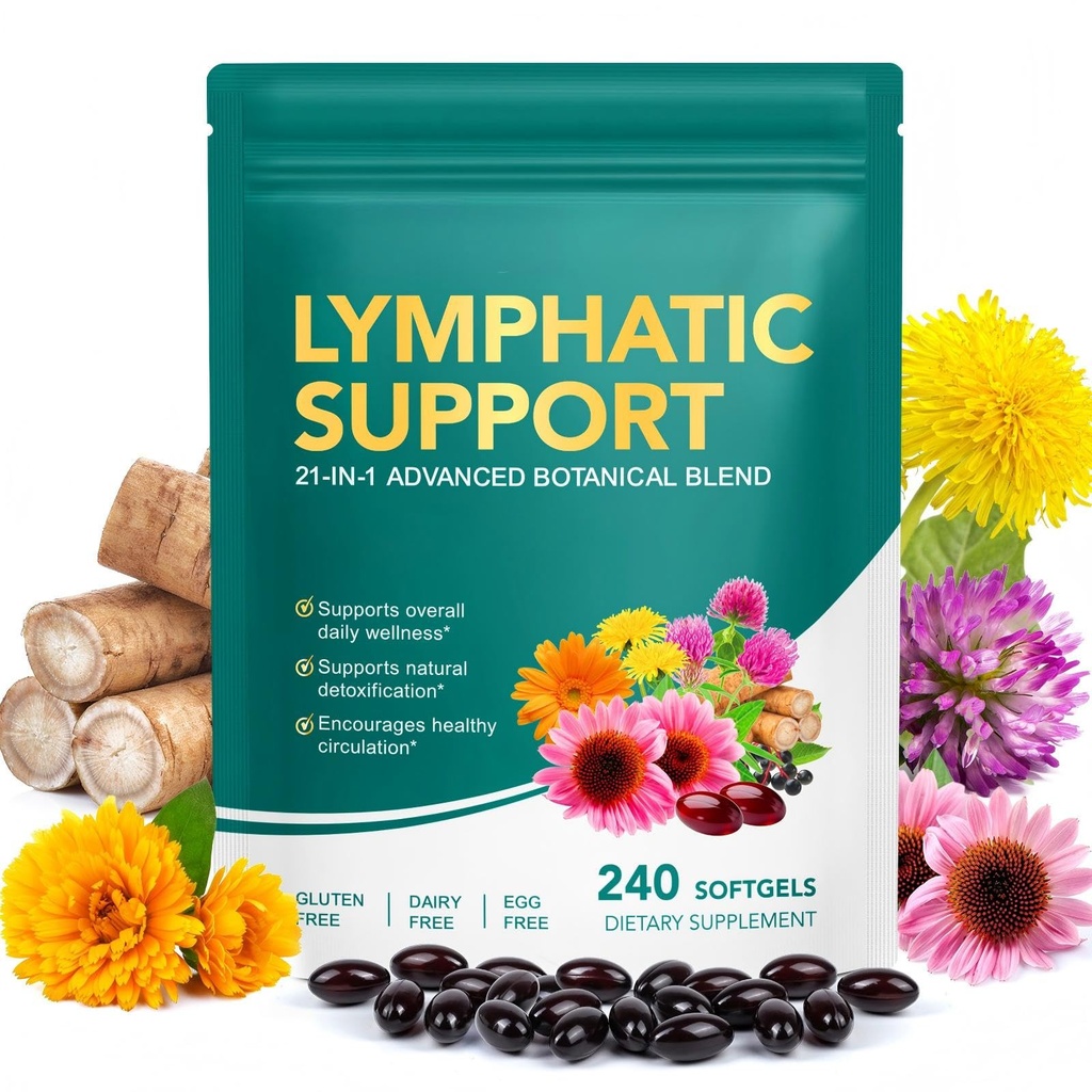 Lymphatic Drainage Supplements 240 Softgels, Lymph System Support Supplement for Women, Lymphatic Drainage Supplement with 21-in-1 Herbal Blend to Reduce Swelling, Supports Fluid Balance Immune System