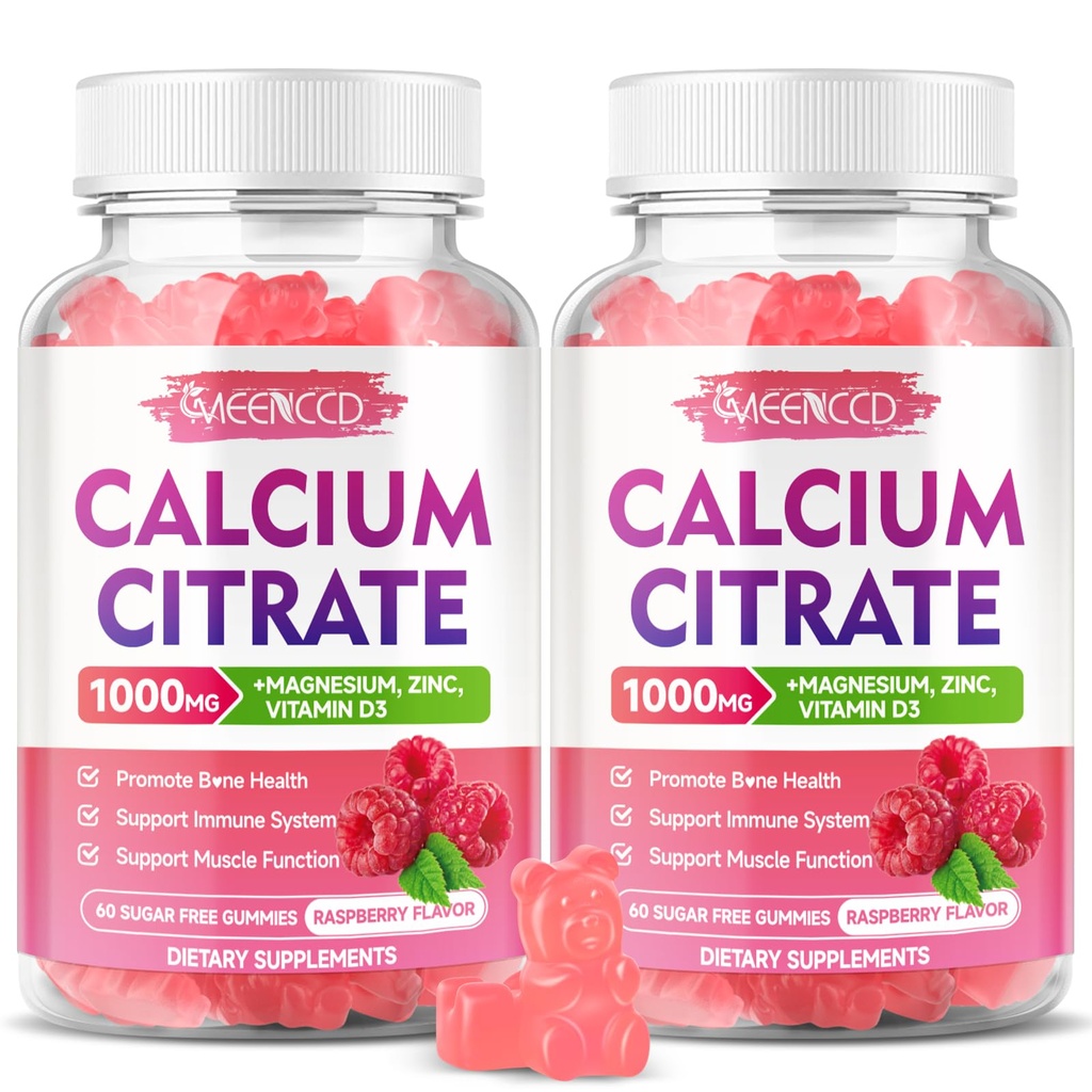 2 Pack Calcium Citrate Gummies 1000mg w / D3- vitamin, Høj Absorption Calcium Gummies for kvinder & mænd, Plus Magnesium, Kalium, Zink for muskel & immun, Raspberry Flavor, 120 Greve