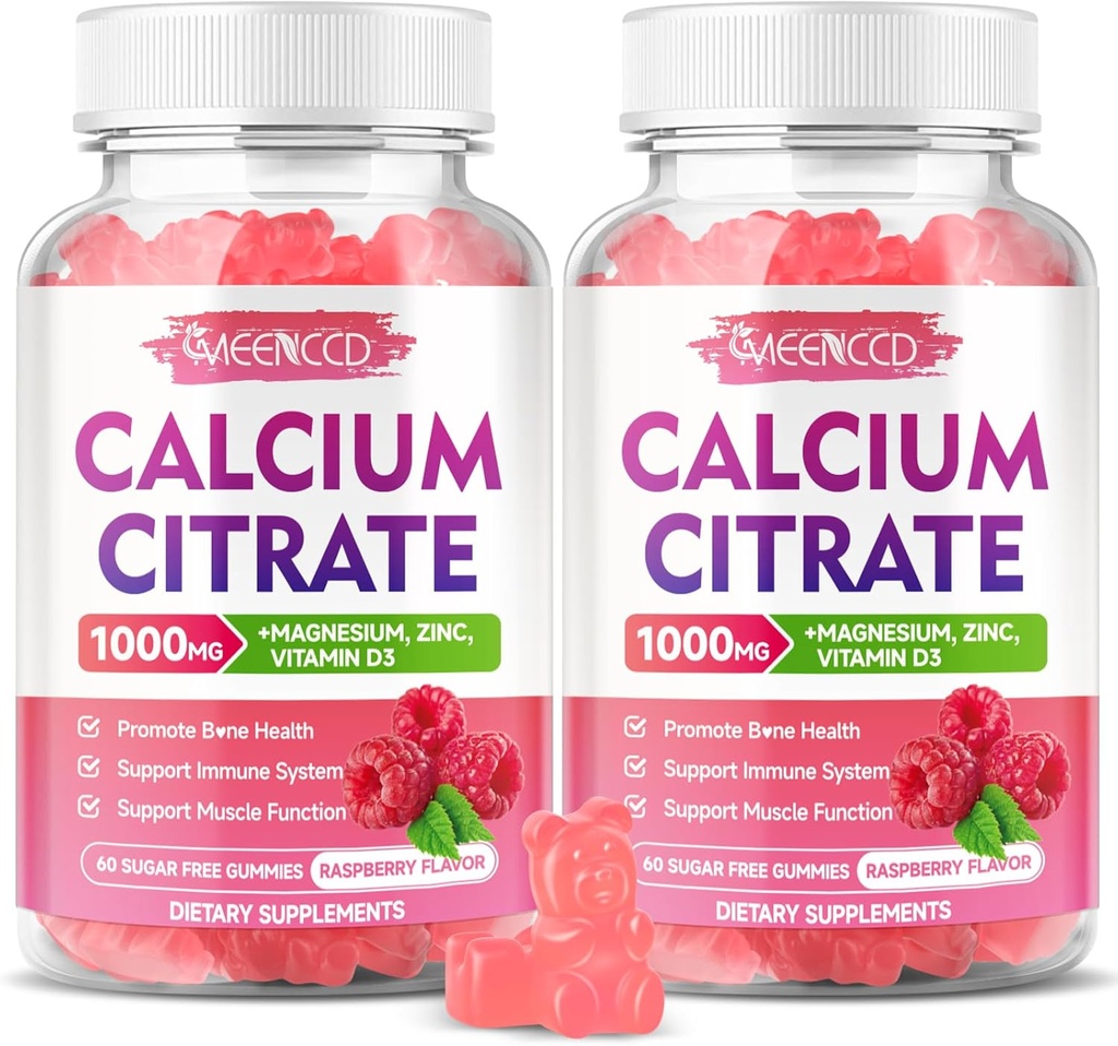 2 Pack Calcium Citrate Gummies 1000mg w / D3- vitamin, Høj Absorption Calcium Gummies for kvinder & mænd, Plus Magnesium, Kalium, Zink for muskel & immun, Raspberry Flavor, 120 Greve