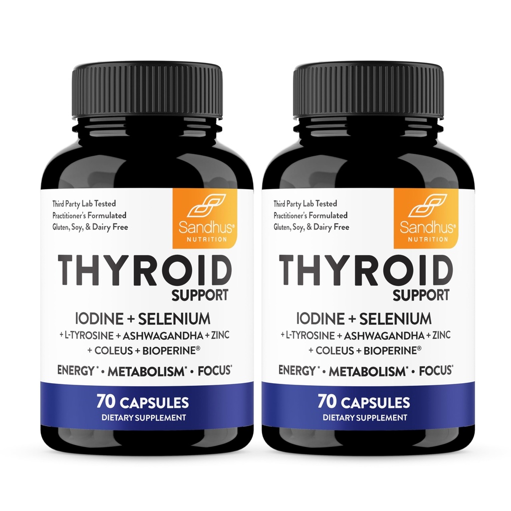 Sandhu's Thyroid Support with Selenium, Zinc, Iodine, L Tyrosine, Ashwagandha | Pure Health Supplement for Women & Men | 70 Count (Pack of 2), 70 Days Supply