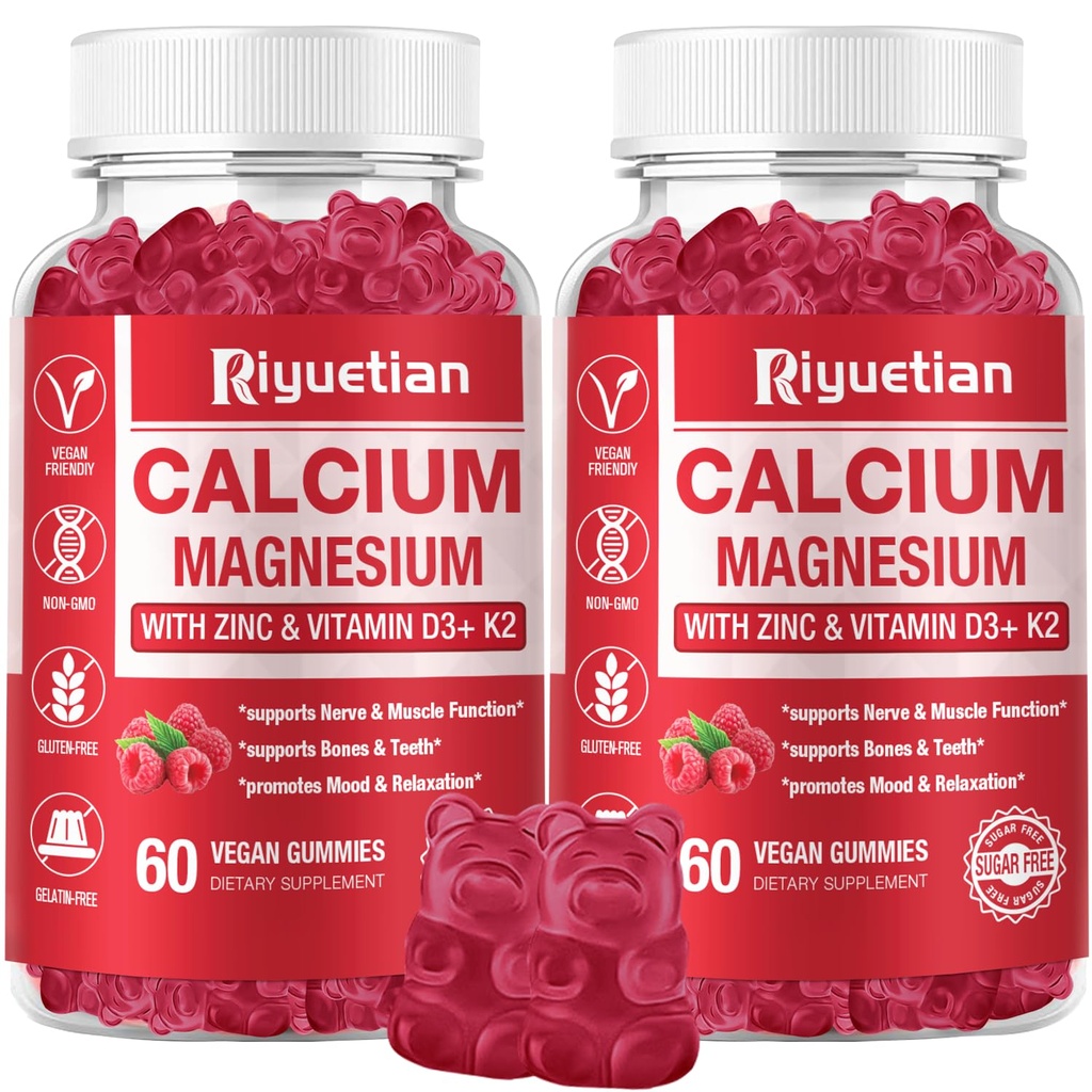 Calcium Gummies + Magnesium & Zink med vitamin D3 & K2, høj Absorption Calcium supplement til ben, tænder og immunforsvar, ikke GMO, Vegan, 120 Tæl
