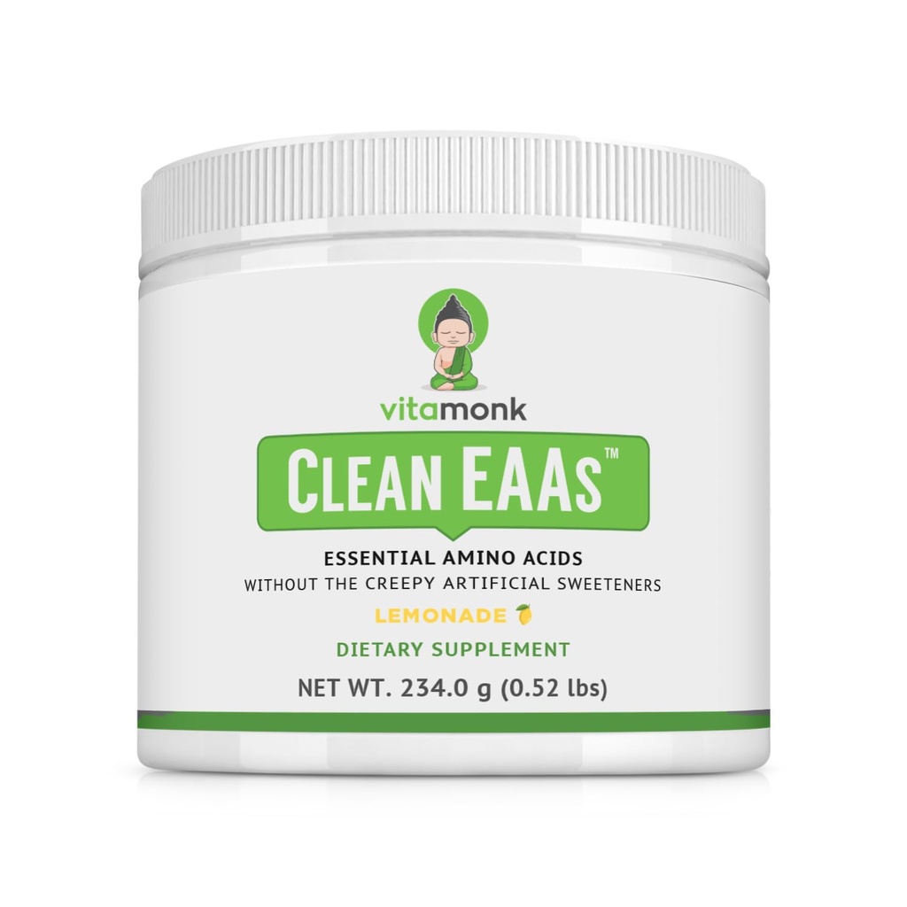 VitaMonk Clean EAA - EAA uden kunstige sødestoffer til pre- workout, energi og inddrivelse - Max biotilgængelig EAA pulver med 9 essentielle aminosyrer - Natural Lemonade Flavor