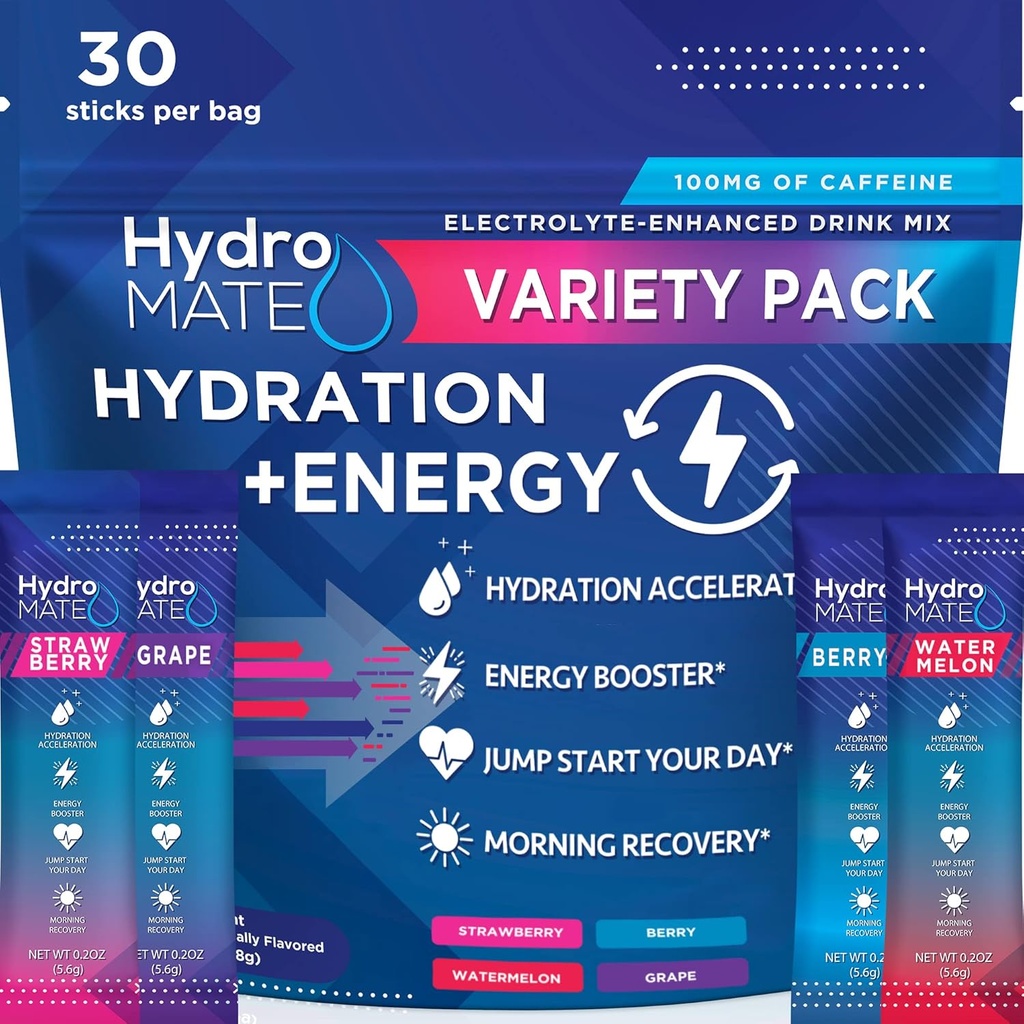 HydroMATE Electrolytes Powder Drink Mix Pakninger Hydration Accelerator Lavt Sukker Party Favors for Rapid Recovery C-vitamin Plus koffein Variety Pack - 30 Greve