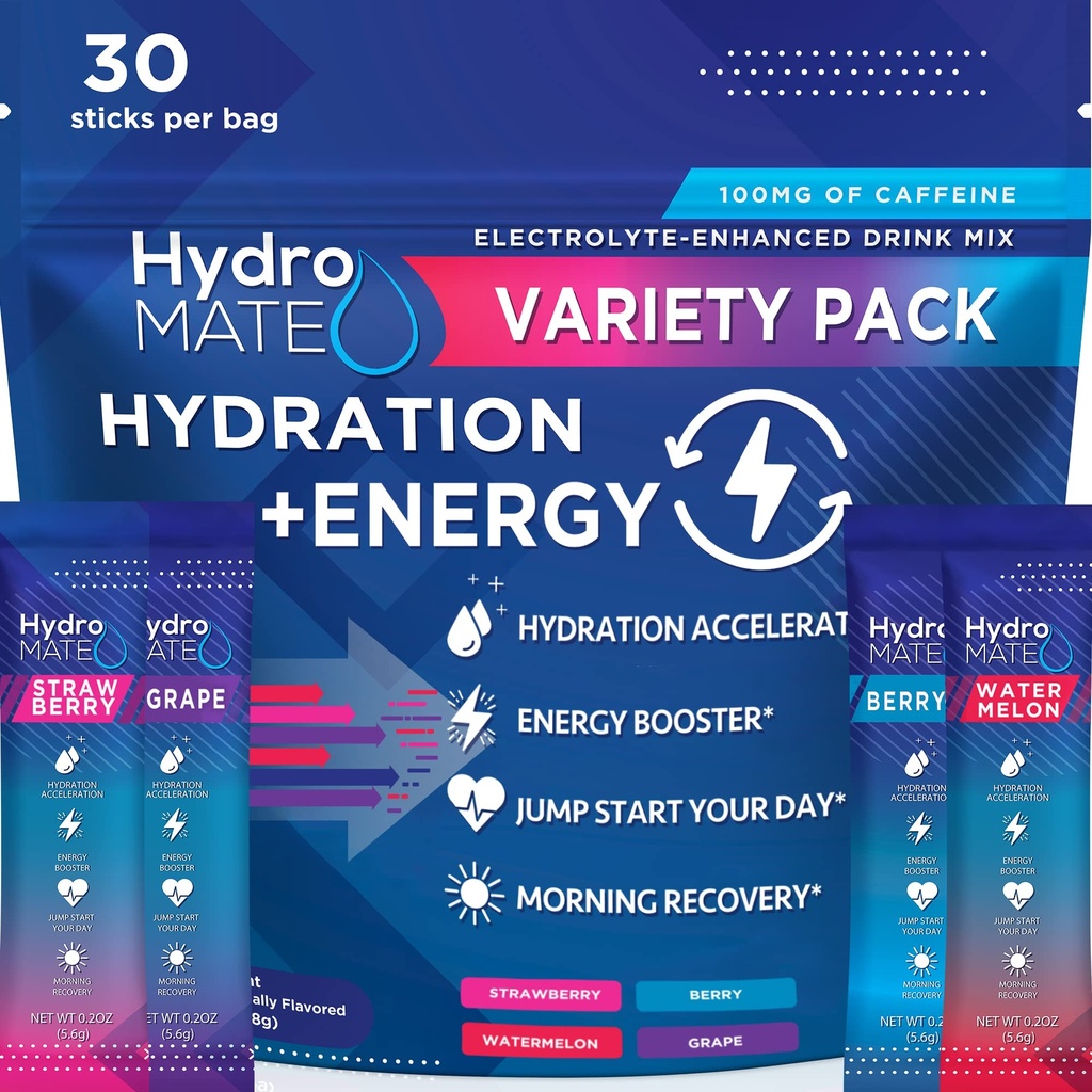 HydroMATE Electrolytes Powder Drink Mix Pakninger Hydration Accelerator Lavt Sukker Party Favors for Rapid Recovery C-vitamin Plus koffein Variety Pack - 30 Greve