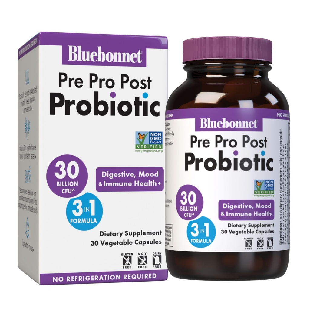 BlueBonnet Nutrition Pre Pro Post Probiotic 30 Billion CFU^ Shelf Stable – for Women & Men Digestion, Gut, Mood, Immune* - Free of Dairy, Gluten & Soy - Non-GMO - 30 Vegetable Capsules, 30 Servings