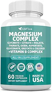 Magnesiumkompleks supplement, Clycinate 141mg oxide 228mg Malat 58.5mg Citrat 62.4mg med Oroter Glycina Tauratchlorid Aspartatgluconat Vitamin B, Max Absorption, Gluten- Free, Non- GMO