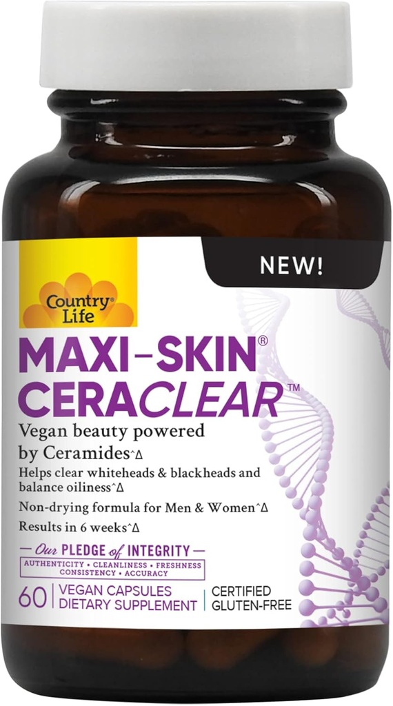 Country Life Maxi- Skin CeraClear, 60 Veganske kapsler - Klinisk undersøgt Konjac Root Ceramider til støtte klar, hydreret hud & forbedre hyperpigmentering - Gluten Free, Vegan, Kosher