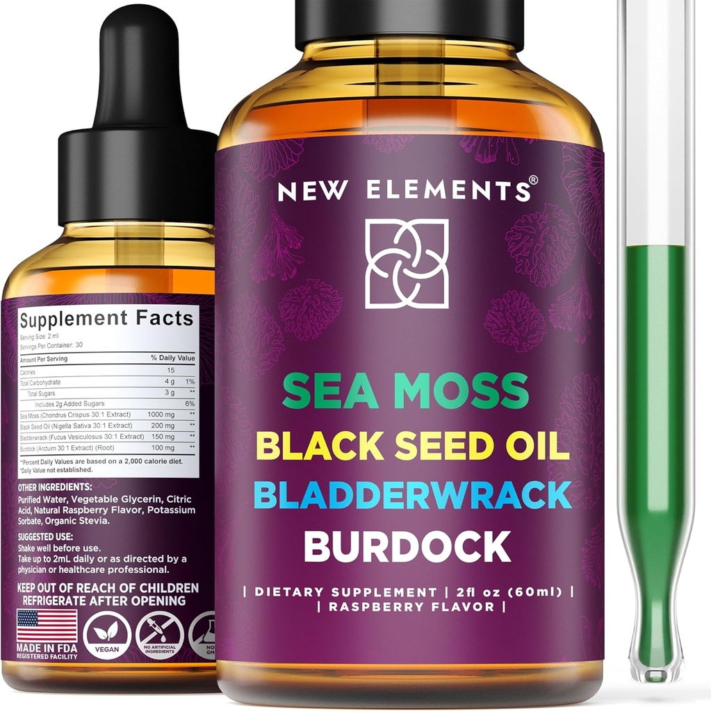 Organic Sea Moss Liquid Extract med Black Seed Oil, Bladderwrack & Burdock Rodbuk 124; 1000mg Irish Sea Moss Drops 124; 4 i 1 Advanced Formel 4X Strong Measures 124; Raspberry Flavor 124; Vegan Measures 124; Non- GMO Measures 124; Gluten- Free