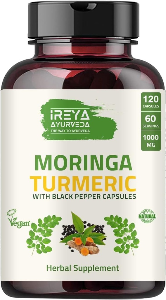 Organic Moringa Oleifera Powder & Gurkemeje Root Powder med Blackpepper 120 Kapsler er 124; Lavet med Organic Moringa, Gurkemeje og Sort Pepper er 124; Vegan, Glutenfri og Non- GMO.