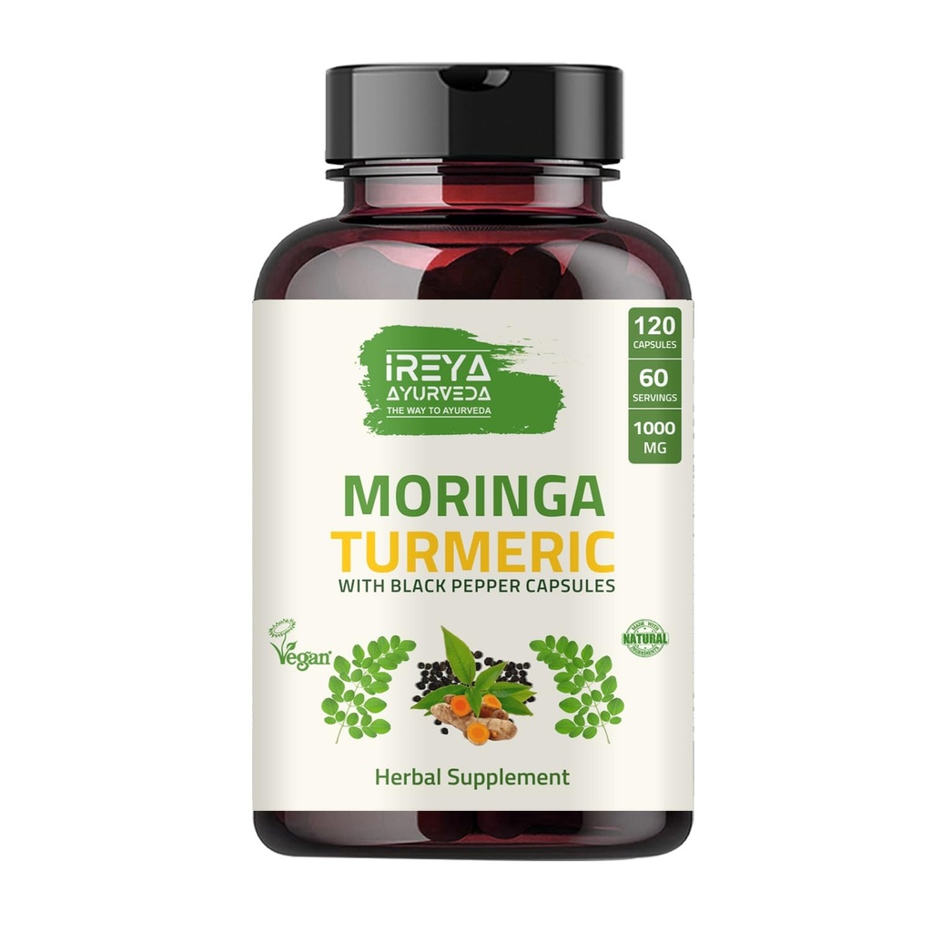 Organic Moringa Oleifera Powder & Gurkemeje Root Powder med Blackpepper 120 Kapsler er 124; Lavet med Organic Moringa, Gurkemeje og Sort Pepper er 124; Vegan, Glutenfri og Non- GMO.