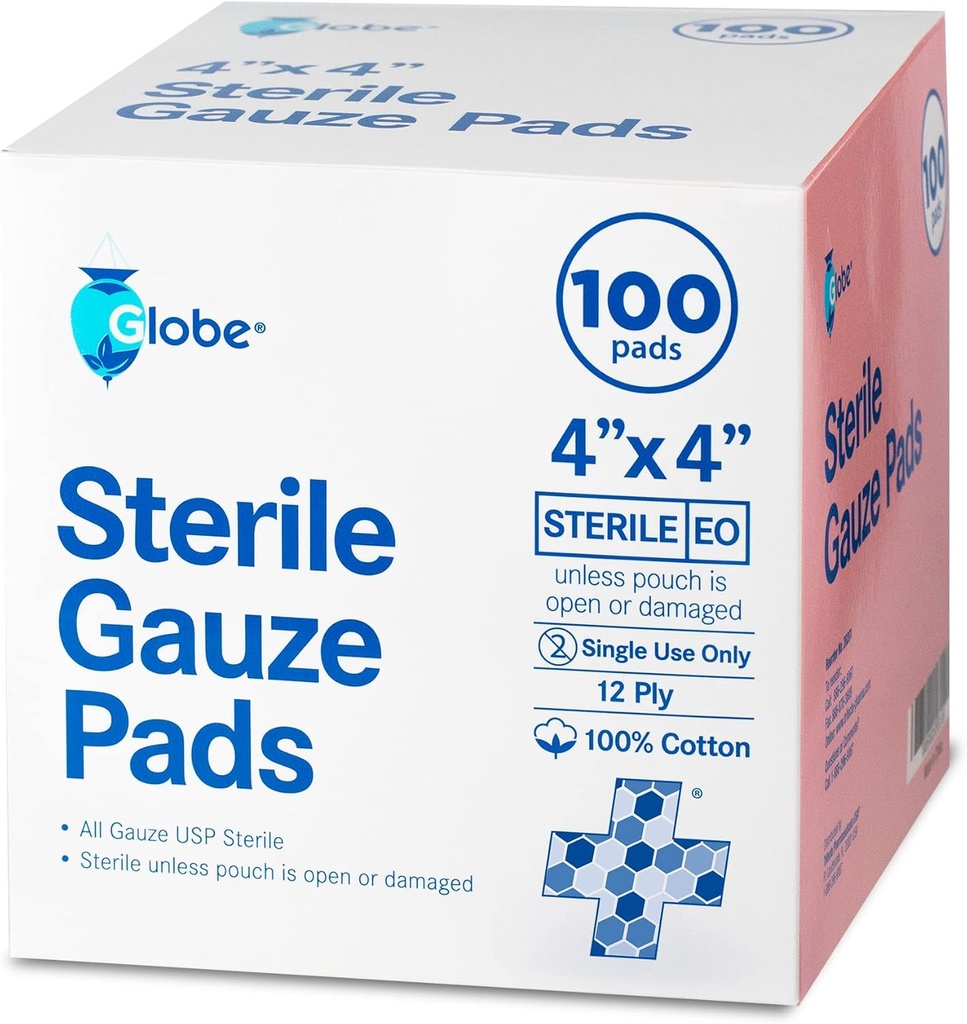 Globe 4 "x 4" Advanced Steril Gauze Pads for Wound Dressing Buddy 124; 100- Pack, Individuelt Pakket Buddy 124; 12- Ply Cotton & Højtbøjet Buddy 124; Advanced Gauze Sponge- Pads for Wound Care & Home Førstehjælp Kits (4 x 4)