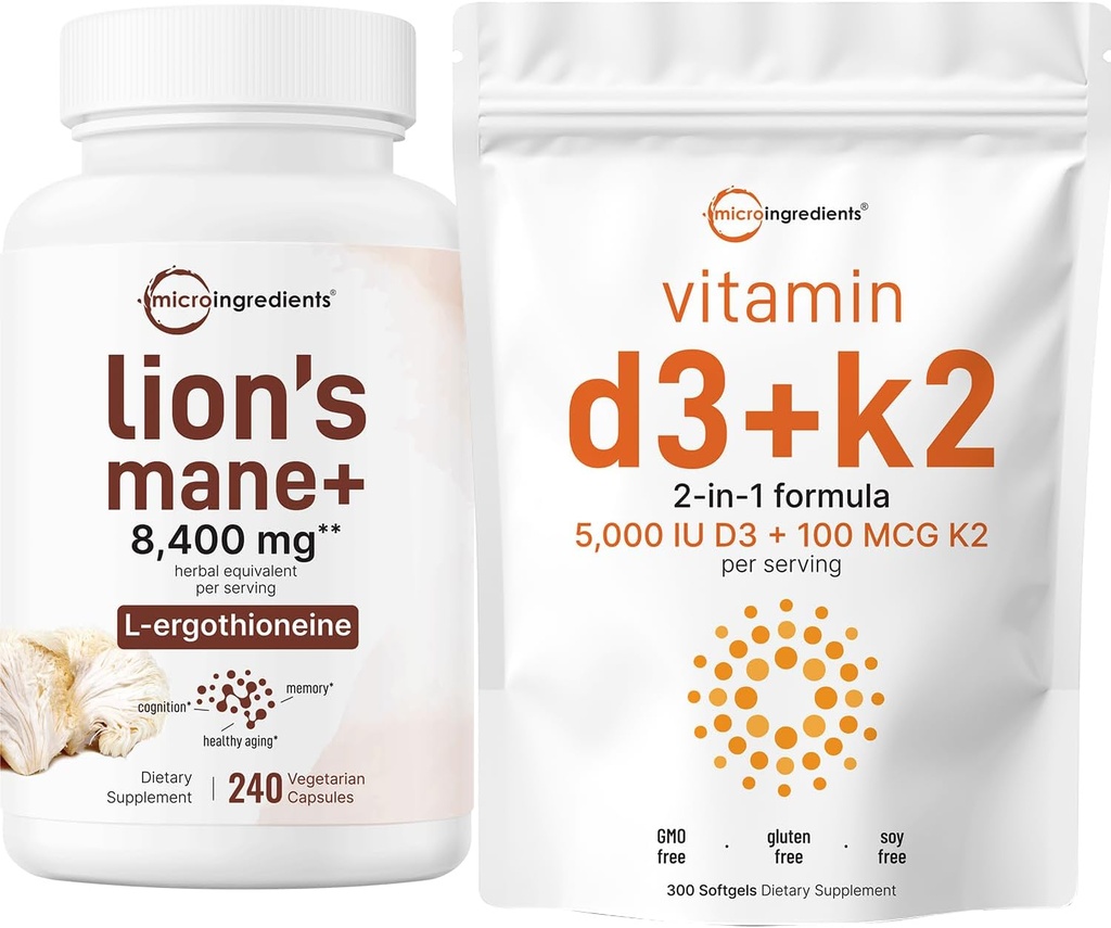 Micro Ingredients Vitamin D3 5,000iu + K2 100mcg Softgels & Lions Mane Supplement 240 Veggie Capsules Bundle 2 Pack 124; Essential Sunshine Vitumes
