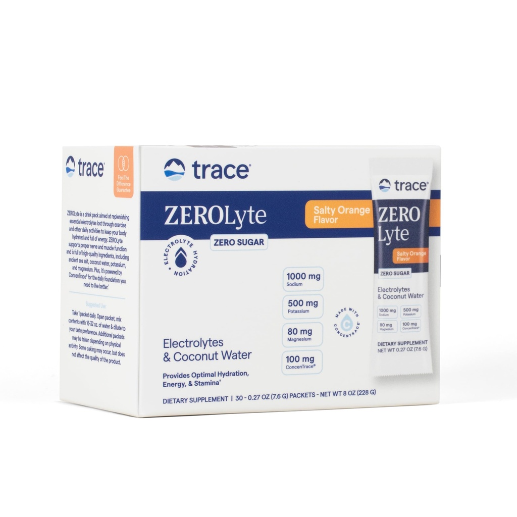 Trace Minerals ZeroLyte - Natrium & Electrolyte Replenison - Energi & Hydration Support Drikkepulver - Nerve & Muscle Function Support - Salty Orange, 30 Pakker (30 Servere)