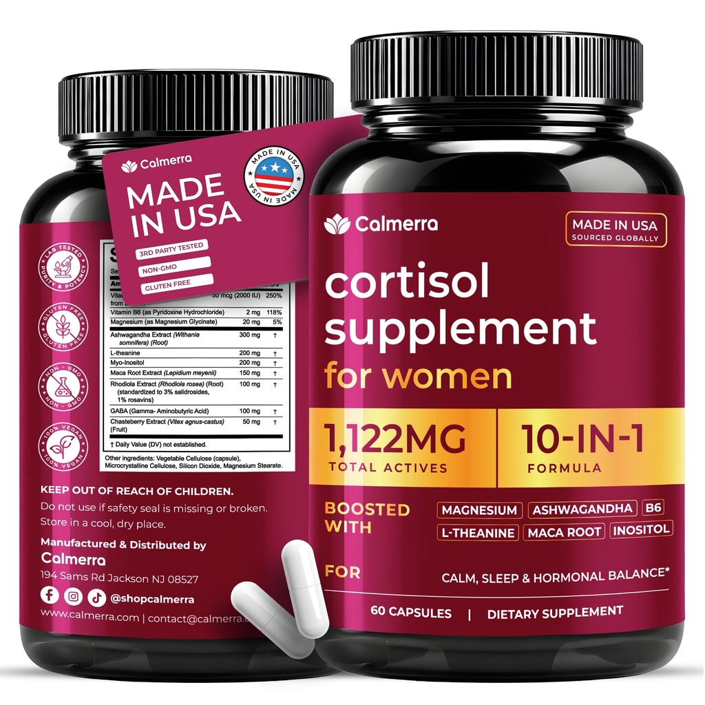 1,122mg Cortisol Supplements for Women w/ Magnesium Glycinate, Ashwagandha, L-theanine, Myo-Inositol, Maca, D3 & B6, High Cortisol Reducer, Manager, Detox & Lower for Sleep, Focus, Mood Support, 60 ct