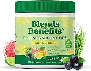 360 Ernæringsblandinger med fordele Super Green Powder w / Probiotika, fordøjelsesenzymer, Sukker & Gluten Free, Plant Based Superfood Drink Mix for Gut Health, Bloating, Immunitet, Samlet Sundhed, 6.35 oz