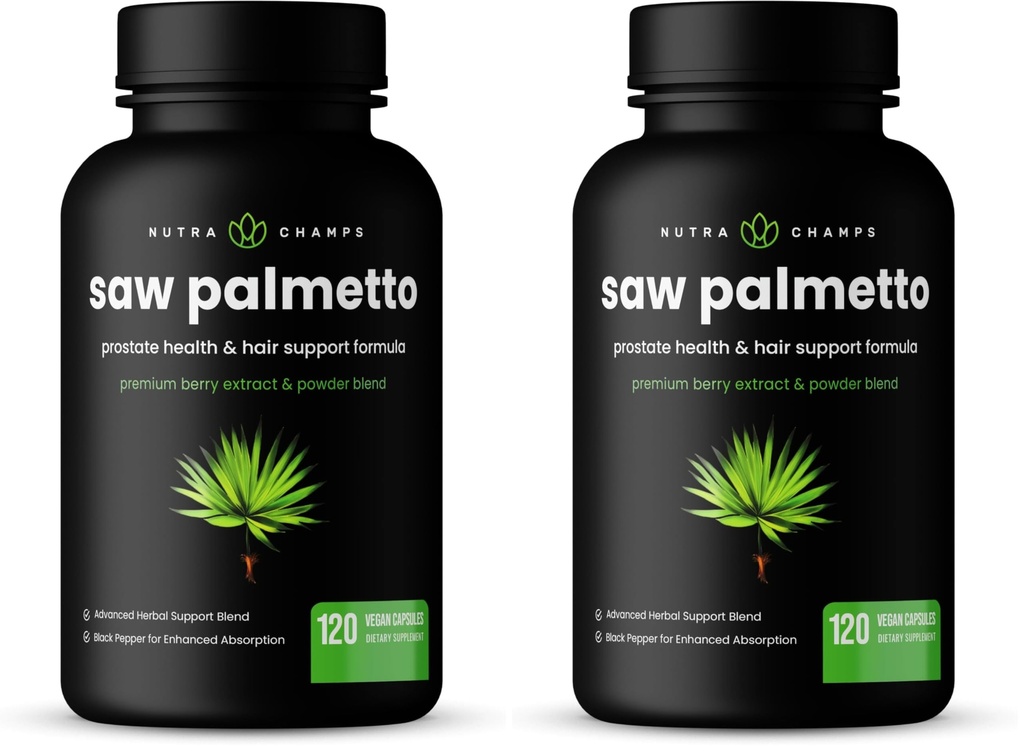 NutraChamps Saw Palmetto Supplement for Prostate Health [Extra Strength] 600mg Complex with Extract, Berry Powder & Herbs - Supports Healthy Urination Frequency, 120 Capsules (Pack of 2)