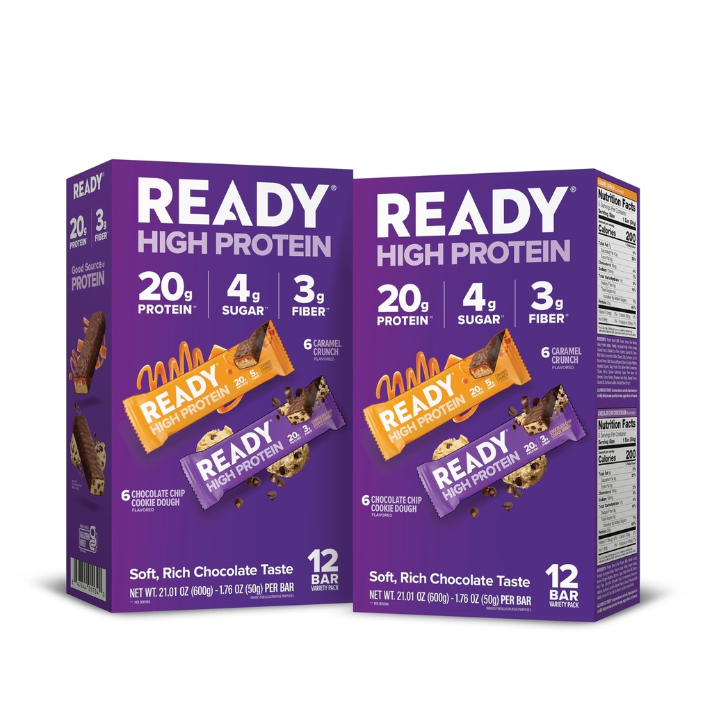 Ready® High Protein 20g Bar - Chocolate Chip Cookie Dough & Caramel Crunch Variety Pack | Low Sugar | No Artificial Sweeteners | No Sucralose | Twin Pack | 24 Total Bars