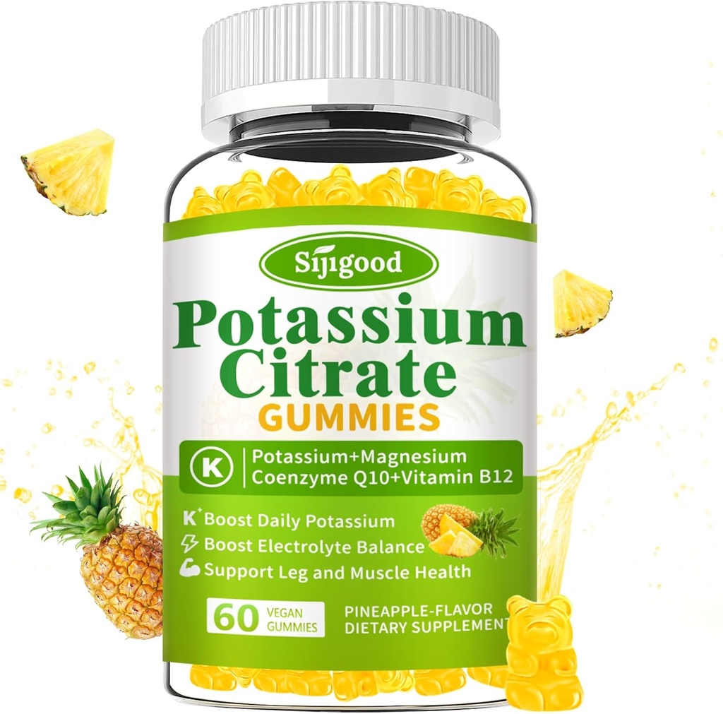 Kalium Citrate Gummies - High Potency Kalium Supplement for Muscle Health, Leg Cramp Relief, Electrolyte Balance - Vegan, Non- GMO, Gluten- fri, Ananas Aroma, 60 Greve