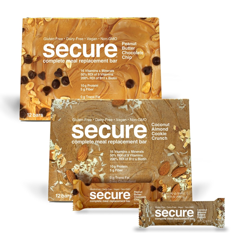 ANDREW LESSMAN Secure Bars 40g - Peanut Butter Chocolate Chip & Coconut Almond Cookie Crunch - High Protein & Fiber Snack - 24 Bars - Non-GMO, Gluten-Free, Vegan, Low Calorie Meal Replacement