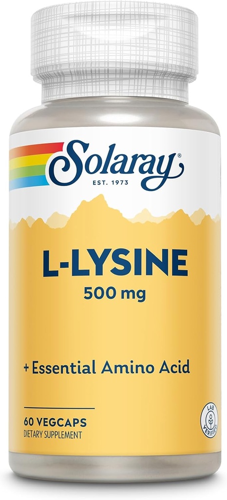 SOLARAY L Lysin 500 mg kapsler - Free- Form Essential Aminosyrer Supplement - Kraftig Wellness Support med L- Lysin Aminosyre - Lab Verified, 60- Day Garanti, 60 Servering, 60 VegCaps