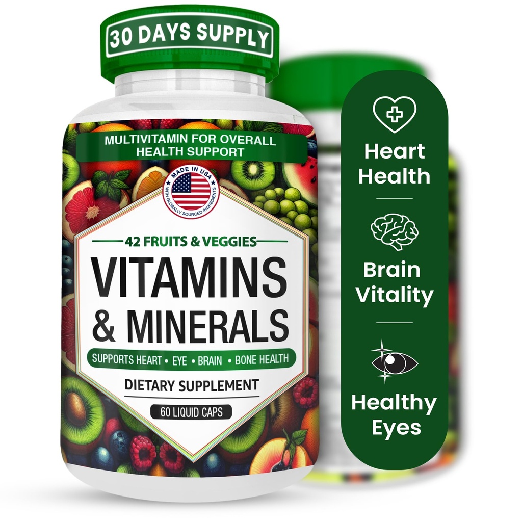 Multivitaminer / mineraler Kapsler med zink og Premium 42 Frugter og Veggies Blend til immunstøtte Daglig Multivitamin Kapsel Antioxidant supplement til Immunitetssystem 60 Kapsler