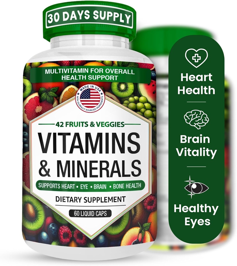 Multivitamins/Minerals Capsules with Zinc and Premium 42 Fruits and Veggies Blend for Immune Support Daily Multivitamin Capsule Antioxidant Supplement for Immunity System 60 Capsules