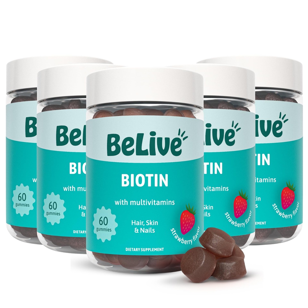 BeLive Biotin Gummies - Skin, Nails & Hair Vitamins with A, C, D, E, B12, Zinc, Folate & Inositol, Biotin Supplement for Anti-Aging, Energy & Collagen Boost, Multivitamin Gummies - Strawberry | 5-Pack