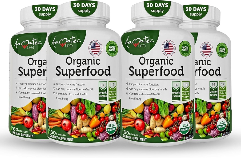 Organic Superfood Green Fruits and Veggies Complex - Bedste Kosttilskud med 14 Grønne og 14 Frugter & Grøntsager med Alfalfa & Antioxidant Organic Ingredients Non- GMO 240 Kapsler