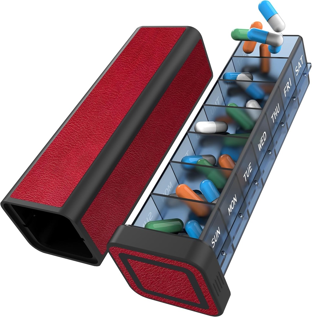Pill Organizer 1 gang om dagen, Pill Box 7 Dag, Ugentlig rejse Pill Case, Daily Large Medication Holder Container, En gang daglig Pillbox Dispenser for Vitamin, Medicin, piller, tillæg (rød)