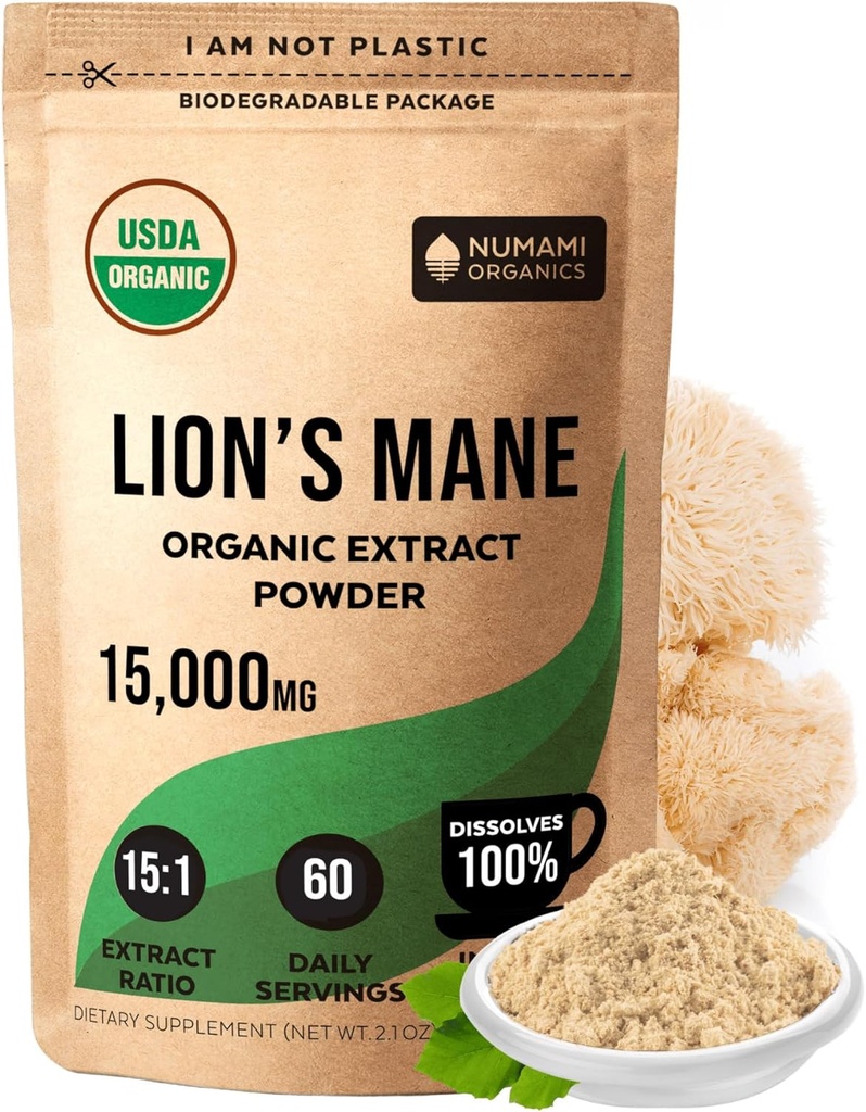 Numai Organic Lions Mane Mushroom Extract Powder 124; Dobbelt Extraction for High Potency