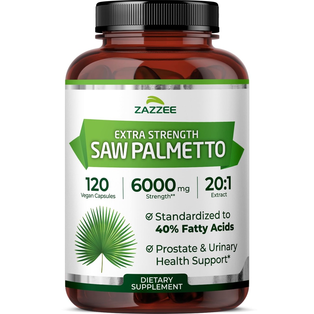 Zazzee Extra Strength Saw Palmetto 20: 1 Extract, 6000 mg Strength, 40% fedtsyrer, 120 Vegan Kapsler, 4 Måned Supply, Koncentreret og Standardized 20X Extract, Non- GMO, All- Natural, Made in the USA