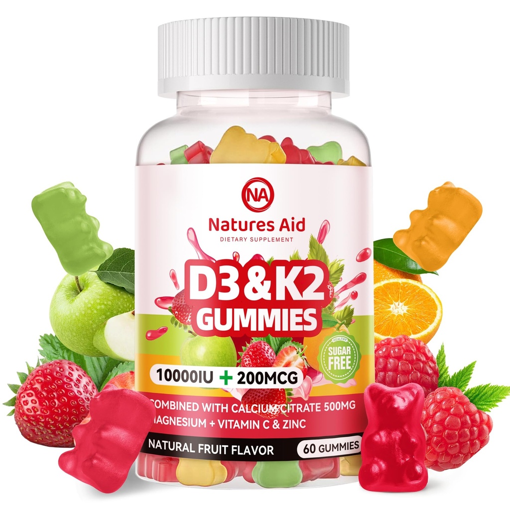 Natures Aid Sugar- Free Vitamin D3 K2 Gummies with Calcium + K2 (MK- 7), Magnesium Citrate, C-vitamin, Ekstra Styrke - Ultimate Absorption for ben Muskeltænder immun, Vegan - 60 Gummies
