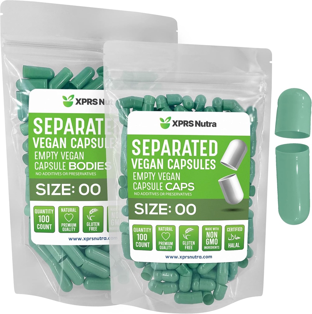 XPRS Nutra Vegan Størrelse 00 Separated Kapsler - 100 Grev Premium Tomme Kapsler Separeret i poser - 00 Piller Tom for DIY Supplement Fyldning (Sage Green)
