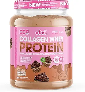 Obvi Collagen Whey Protein Powder • 124; Post Workout Shake, Understøtter muskelvækst, sundt hår, hud, negle, nitter, Gut • 124; Multicollagen Infunded Meal Erstatning • 124; Chokolade Bday Cupcakes, 20 Servering
