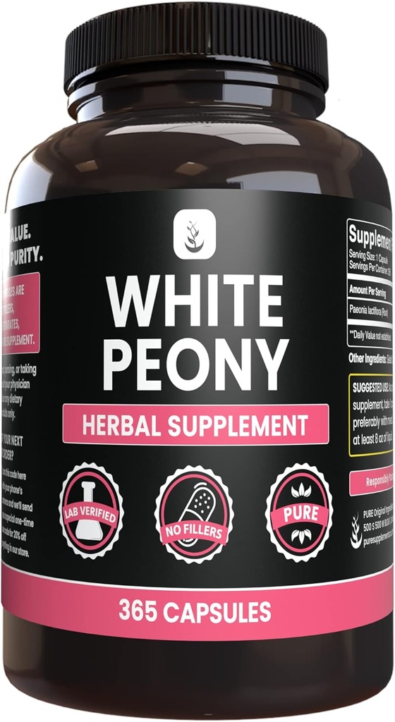 PURE ORIGINAL INGREDIENSER Hvid Peony (365 kapsler) Ingen Magnesium eller ris Fyldere, Altid Pure, Lab Verified