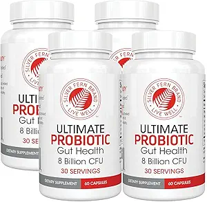 Silver Fern Brand Ultimate Probiotic 4- Pack - Probiotika til kvinder og mænd - 8 milliarder CFU Spore- Forming Gut Health Supplement - DNA Verified, Probiotic, Shelf- Stabil, Høj overlevelse - 240 kapsler