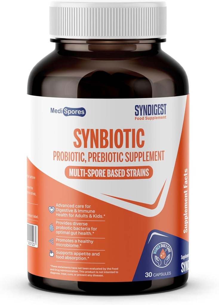 Syndigest probiotisk daglig pleje af kvinder og mænd med dobbelt fordel af 5 probiotiske & prebiotiske stammer, balance tarm sundhed & lindrer forstoppelse, rejse venlige, 30 kapsler (2 milliarder CFU / servering)