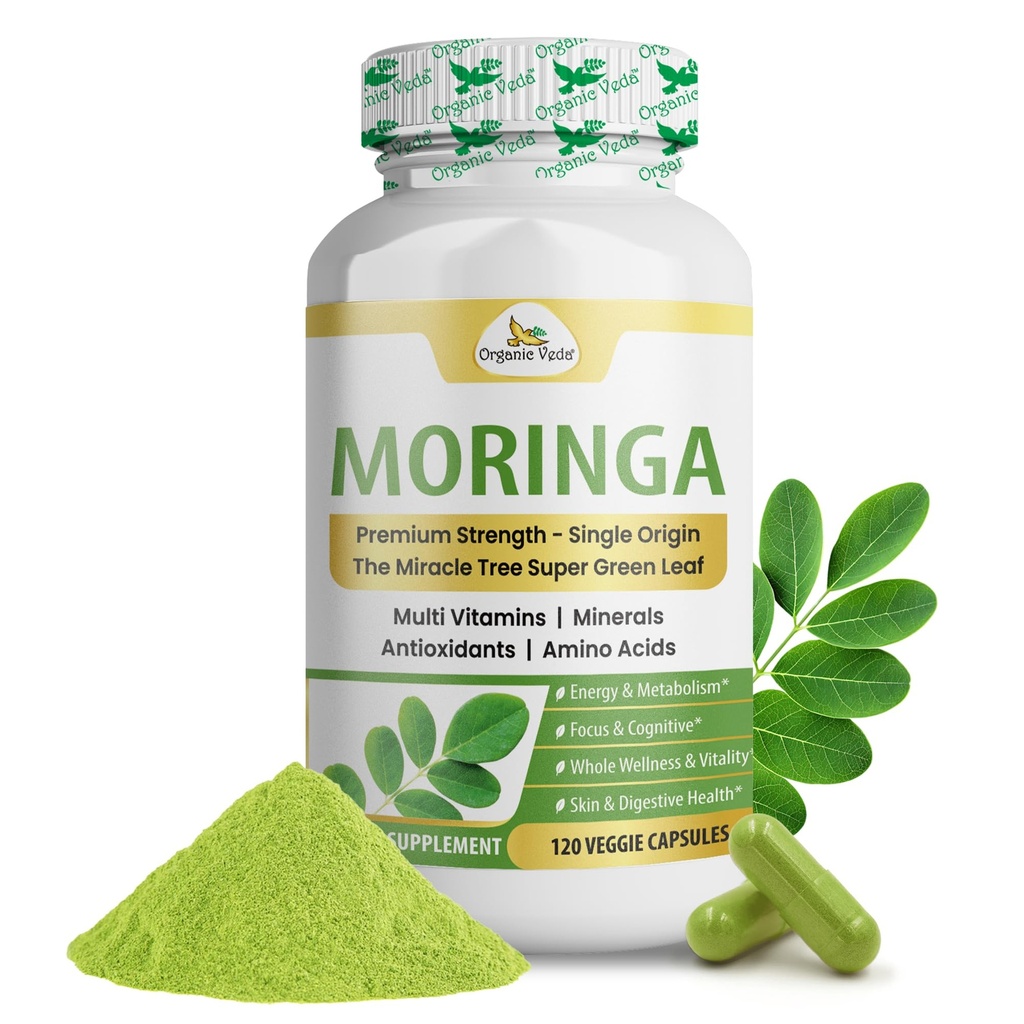 Organic Veda Moringa Leaf kapsler 1000mg, 120 Greve - Pure Raw Moringa Oleifera Powder hele blade Green Super Food Supplement - øger energi, sundhed, velvære & antioxidanter Rich