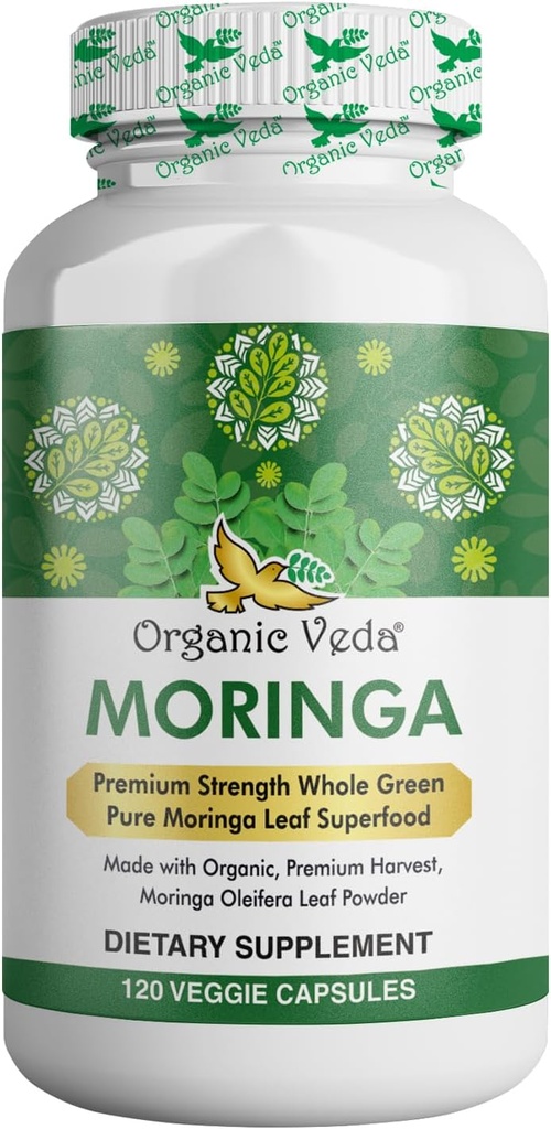 Organic Veda Moringa Leaf kapsler 1000mg, 120 Greve - Pure Raw Moringa Oleifera Powder hele blade Green Super Food Supplement - øger energi, sundhed, velvære & antioxidanter Rich