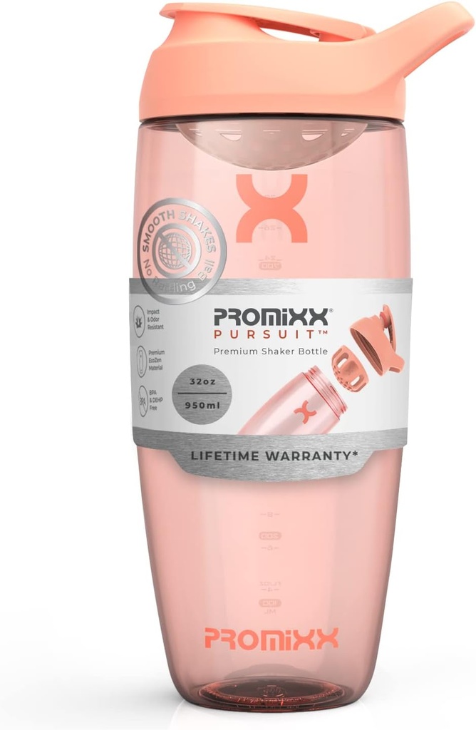 Promixx Pursuit Protein Shaker Flaske (32 oz) - Silent No- Ball Mixer, Leak- Proof Lid, BPA / BPS & Phthalate- Free ECOZEN - Easy- Clean Shaker Cup for Protein Shakes, Pre & Post- Workout Smoothies