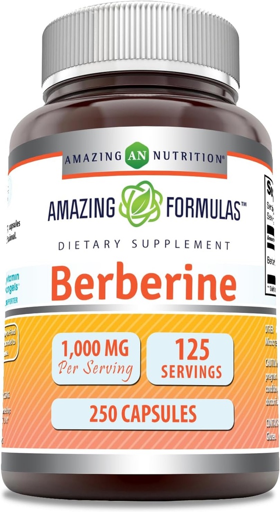 Amazing Formulas Berberine 1000mg Per Serving 250 Kapsler Supplement 124; Non G20; Gluten fri for 124; Lavet i USA- Stolt Lavet i USA med garanteret renhed og potens