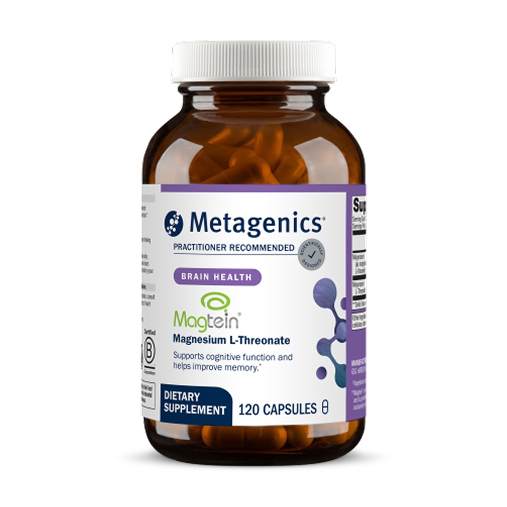 Metagenics Magnesium L- Threonate - Magtein Magnesium til hjernesundhed, hukommelse, læring og kognitiv støtte - Klinisk undersøgt biotilgængelig form - ikke-GMO, Gluten- fri, Vegan - 120 kapsler
