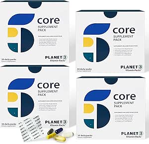 Planet 3 Vitamin pakker, Daglige vitaminer til både mænd og kvinder, Energi, Immun & Heart Support; 124; Multivitamin, D-vitamin, Omega 3, Probiotika, Biotin, B12 & mere; Core Supplements