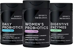 Sports Research All Vegan: Daglig Probiotik med Prebiotika (60 milliarder CFU), fordøjelsesenzymer med Probiotika & Ginger (Plant Based) & Kvindeprobiotika med Prebiotika (65 milliarder CFU)