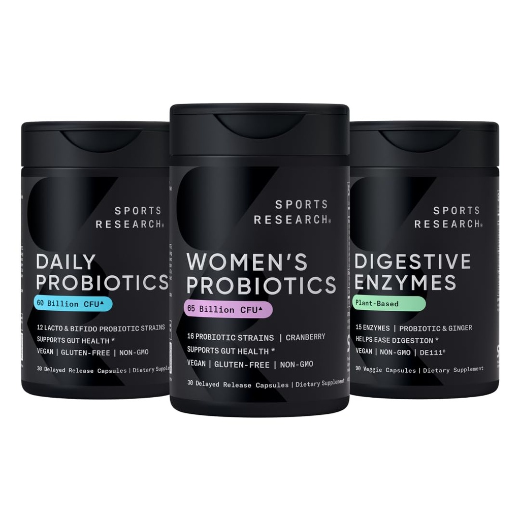 Sports Research All Vegan: Daglig Probiotik med Prebiotika (60 milliarder CFU), fordøjelsesenzymer med Probiotika & Ginger (Plant Based) & Kvindeprobiotika med Prebiotika (65 milliarder CFU)